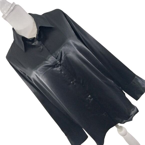 DIVIDED! SUPER ELEGANT BLACK SATIN LONG SLEEVE BUTTON FRONT SHIRT, BLOUSE! SZ M - Picture 9 of 9